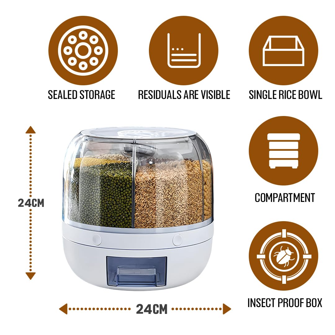 6-Grid Rotating Food Dispenser - Rice Bucket Storage Tank, Cereal Dispenser, Stackable Containers, One-Click Rice Picking, White