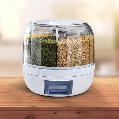 6-Grid Rotating Food Dispenser - Rice Bucket Storage Tank, Cereal Dispenser, Stackable Containers, One-Click Rice Picking, White