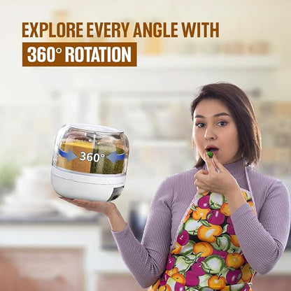 6-Grid Rotating Food Dispenser - Rice Bucket Storage Tank, Cereal Dispenser, Stackable Containers, One-Click Rice Picking, White