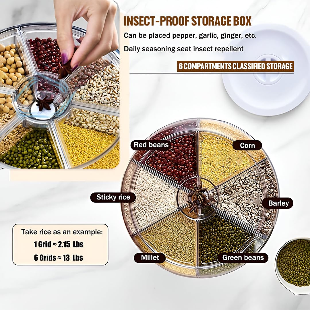 6-Grid Rotating Food Dispenser - Rice Bucket Storage Tank, Cereal Dispenser, Stackable Containers, One-Click Rice Picking, White
