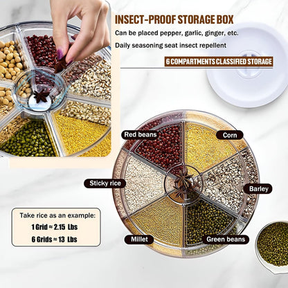 6-Grid Rotating Food Dispenser - Rice Bucket Storage Tank, Cereal Dispenser, Stackable Containers, One-Click Rice Picking, White