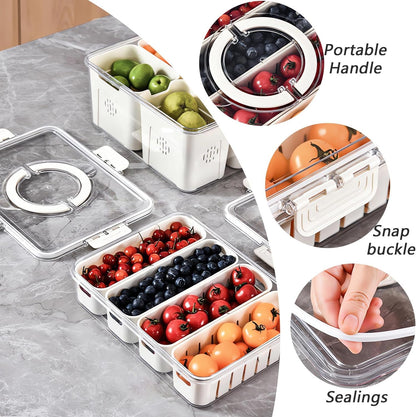 Divided Fridge Storage Boxes With 4 Serving Veggie Tray with Lid and Handle, Fridge Organizer with Removable 4 Compartment, Fridge Storage Containers