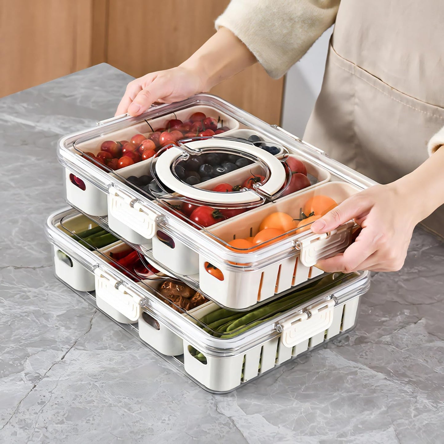 Divided Fridge Storage Boxes With 4 Serving Veggie Tray with Lid and Handle, Fridge Organizer with Removable 4 Compartment, Fridge Storage Containers