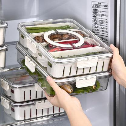 Divided Fridge Storage Boxes With 4 Serving Veggie Tray with Lid and Handle, Fridge Organizer with Removable 4 Compartment, Fridge Storage Containers