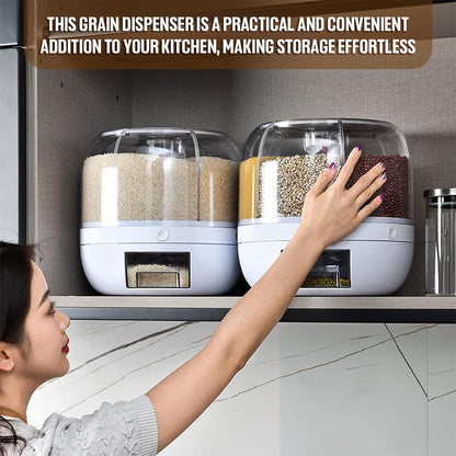 6-Grid Rotating Food Dispenser - Rice Bucket Storage Tank, Cereal Dispenser, Stackable Containers, One-Click Rice Picking, White