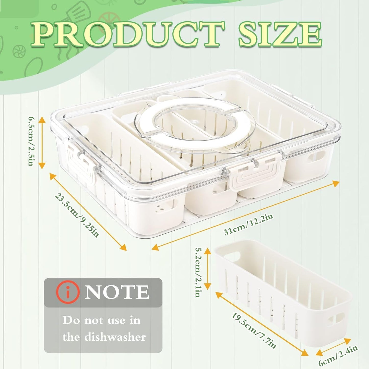 Divided Fridge Storage Boxes With 4 Serving Veggie Tray with Lid and Handle, Fridge Organizer with Removable 4 Compartment, Fridge Storage Containers