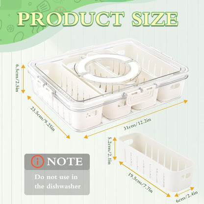 Divided Fridge Storage Boxes With 4 Serving Veggie Tray with Lid and Handle, Fridge Organizer with Removable 4 Compartment, Fridge Storage Containers