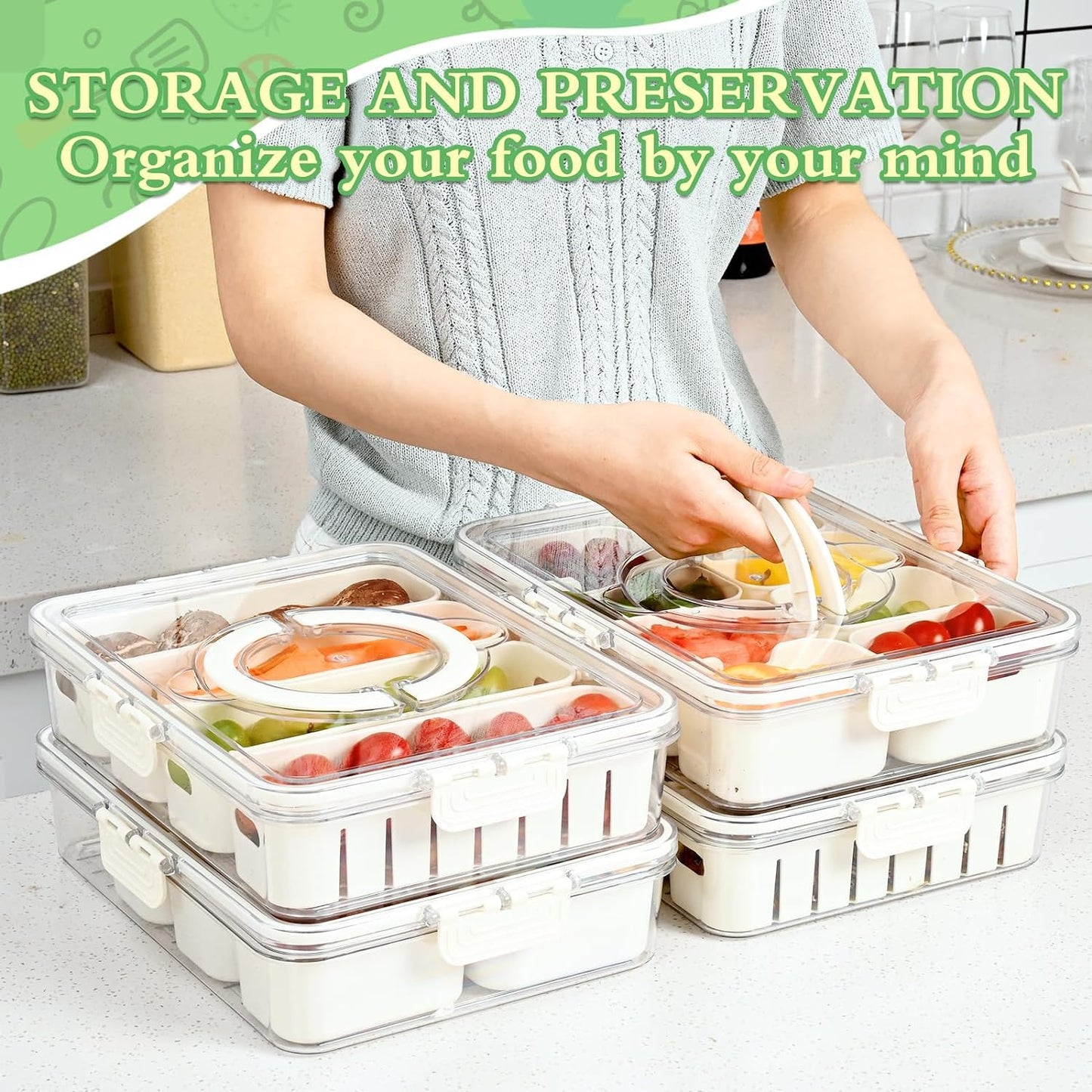 Divided Fridge Storage Boxes With 4 Serving Veggie Tray with Lid and Handle, Fridge Organizer with Removable 4 Compartment, Fridge Storage Containers